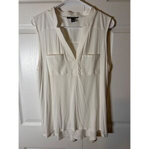 Cable & Gauge Womens XL White Sleeveless Split Neck Blouse Top with Pockets